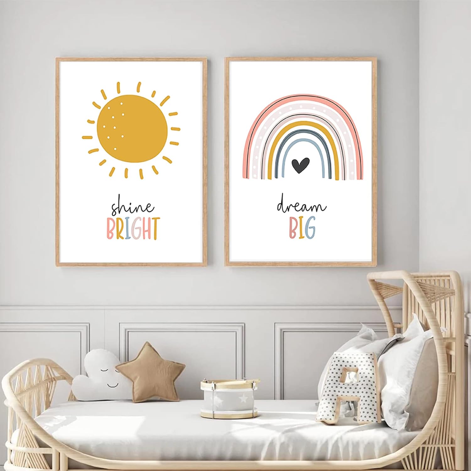 Bankrenart Boho Nursery Wall Art Children Room Decoration Dream Big Be Brave Shine Bright Unframed Kids Wall Art Rainbow Decor Canvas Print Poster for Boys Girls Bedroom (16 x 24 Inch,Set of 3)