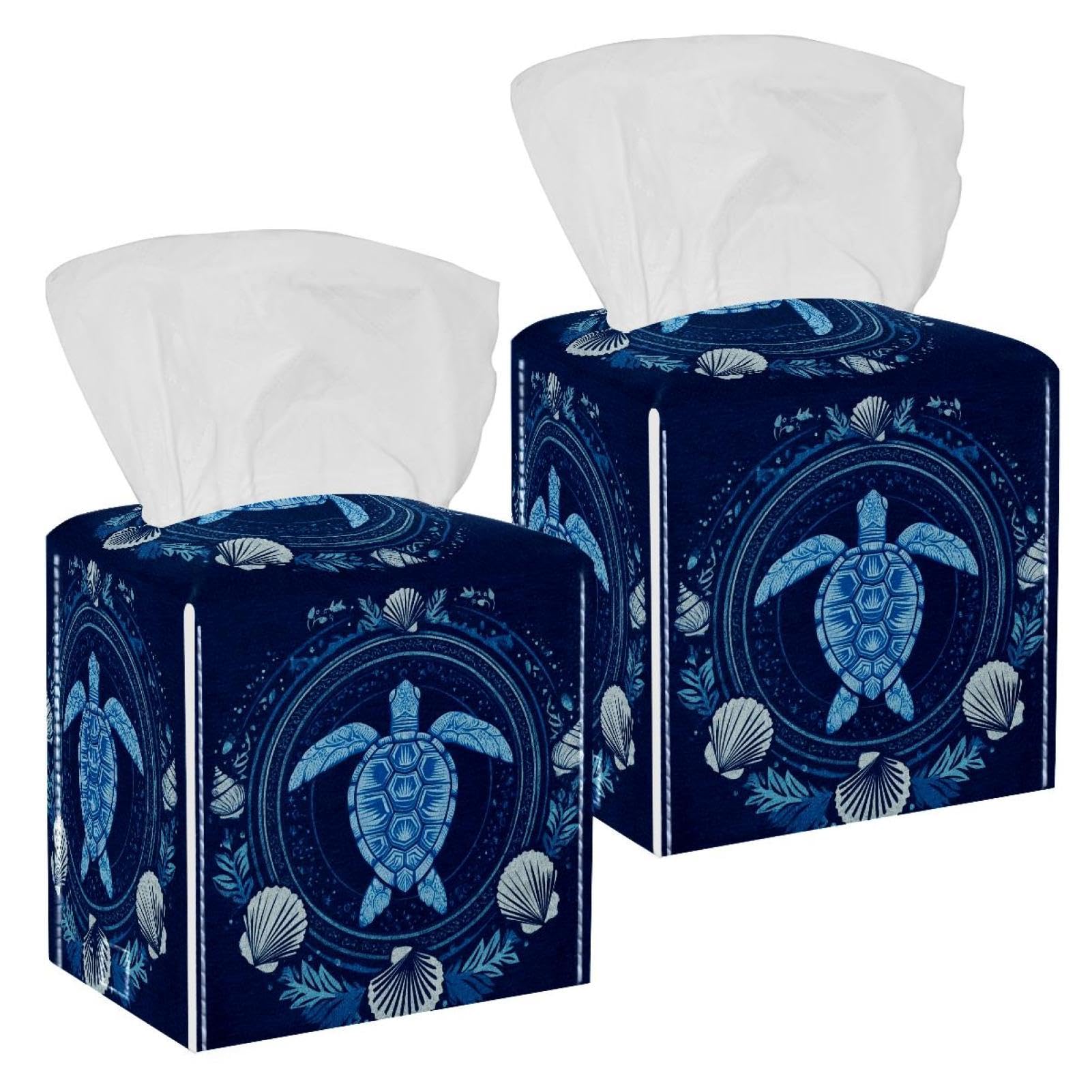 Sea Turtle Tissue Box Cover, 2 Pack PU Leather Square Facial Tissue Dispenser Box holder for Home Office Car
