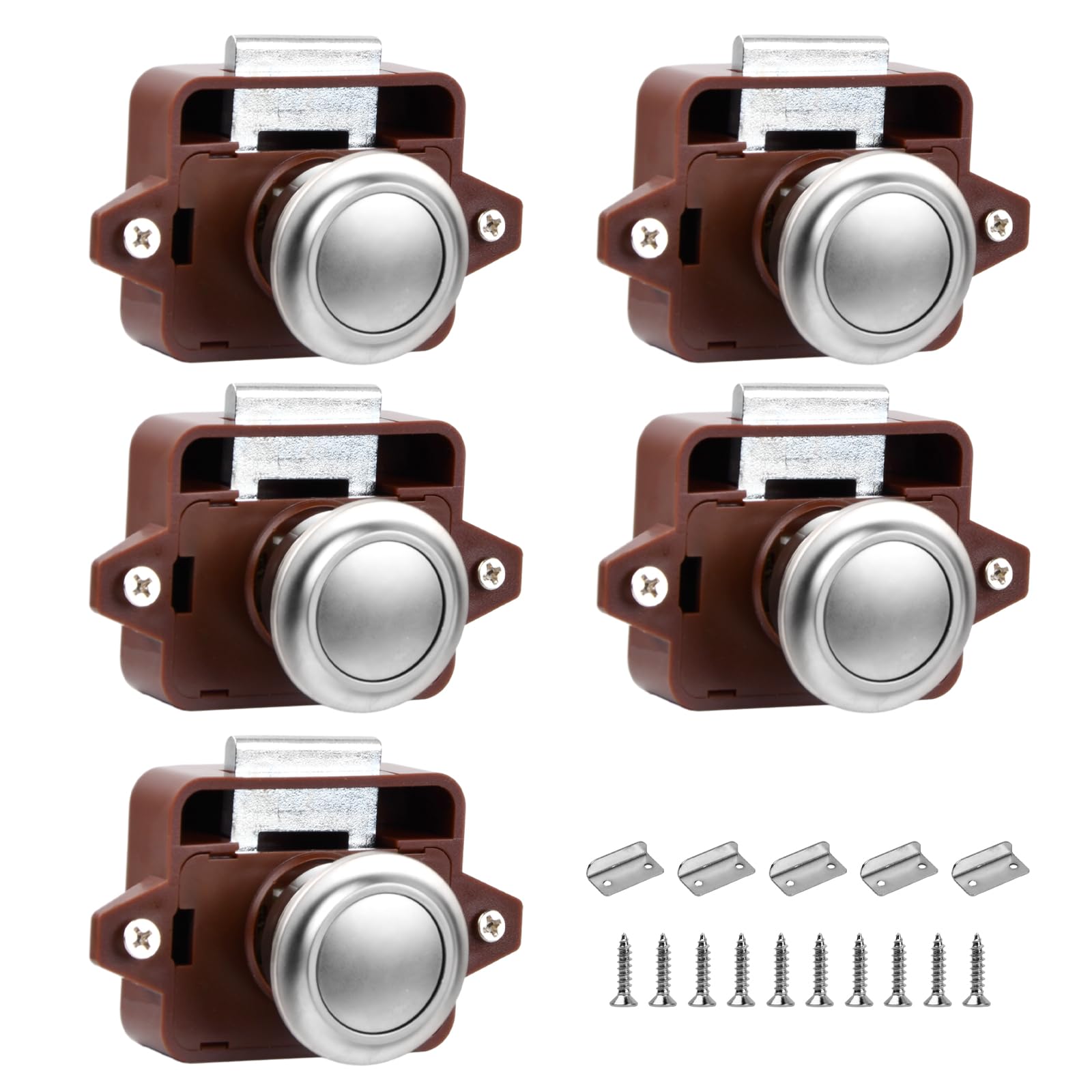 5Pcs Botones De Metal Cerraduras De Armario Botón de Cierre Cerraduras de Pestillo Cerradura de Puerta Sin llave Botón pulsador Gabinete Cerradura para Autocaravanas Yates Cajones, Marrón