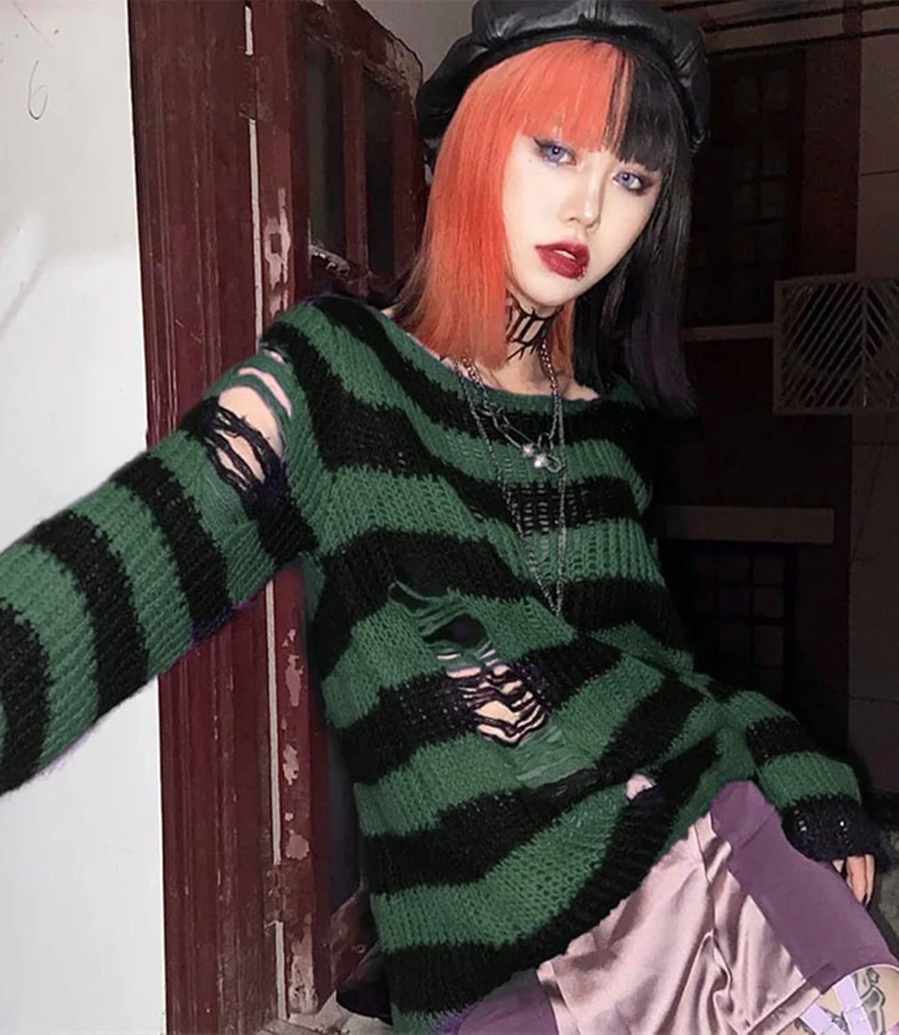 Goth Y2K Striped Sweater Grunge Ripped Punk Gothic Sweaters for Women Harajuku Aesthetic Halloween Pullover Tops - Image 3