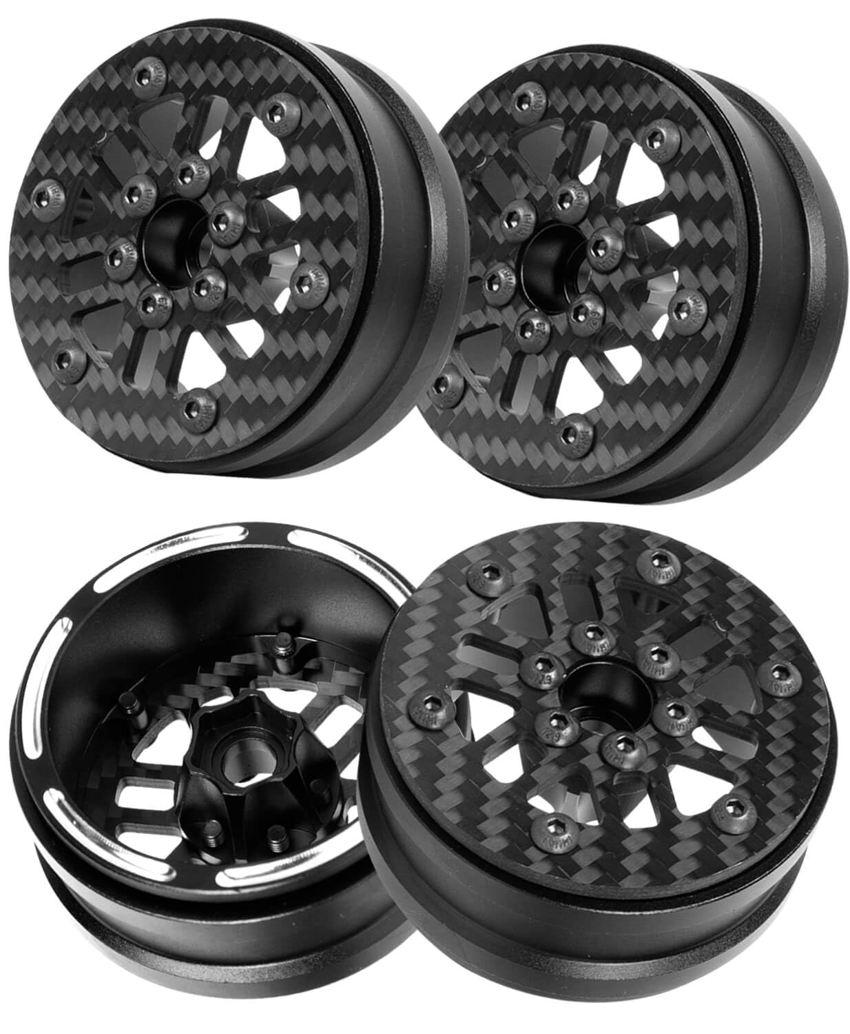 RCMYou RC 1.9In Beadlock Wheels Ultra Lightweight Performance Carbon Fiber faceplate for 1/10 TRX4 TRX6 SCX10 I II III 90046 AXI03007 VS4-10 Gen8 MST CFX D90 RC Crawler Car(Black-D)