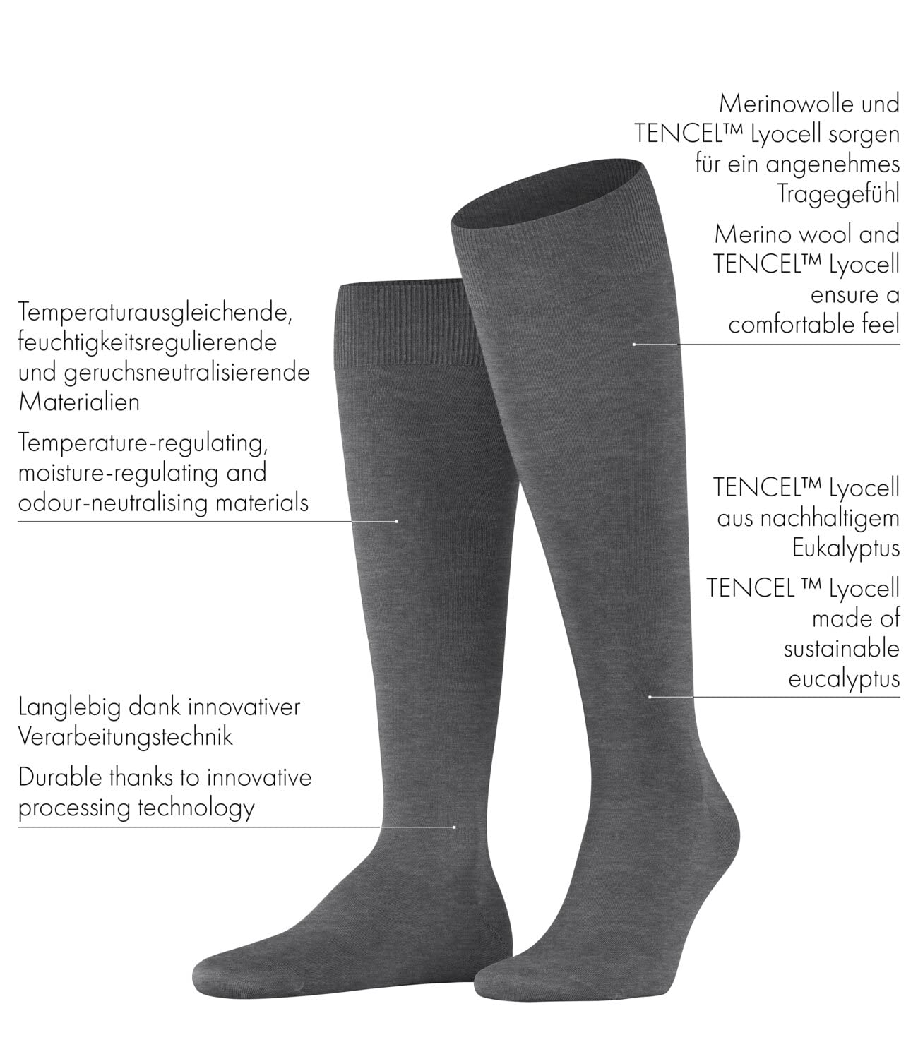 FALKE Herren ClimaWool Kniestrümpfe atmungsaktive klimaregulierende geruchshemmende Wolle Lyocell sehr langlebig verstärkt elegant fein ultra leichtes Gefühl auf der Haut 1 Paar | mit nachhaltigem Garn