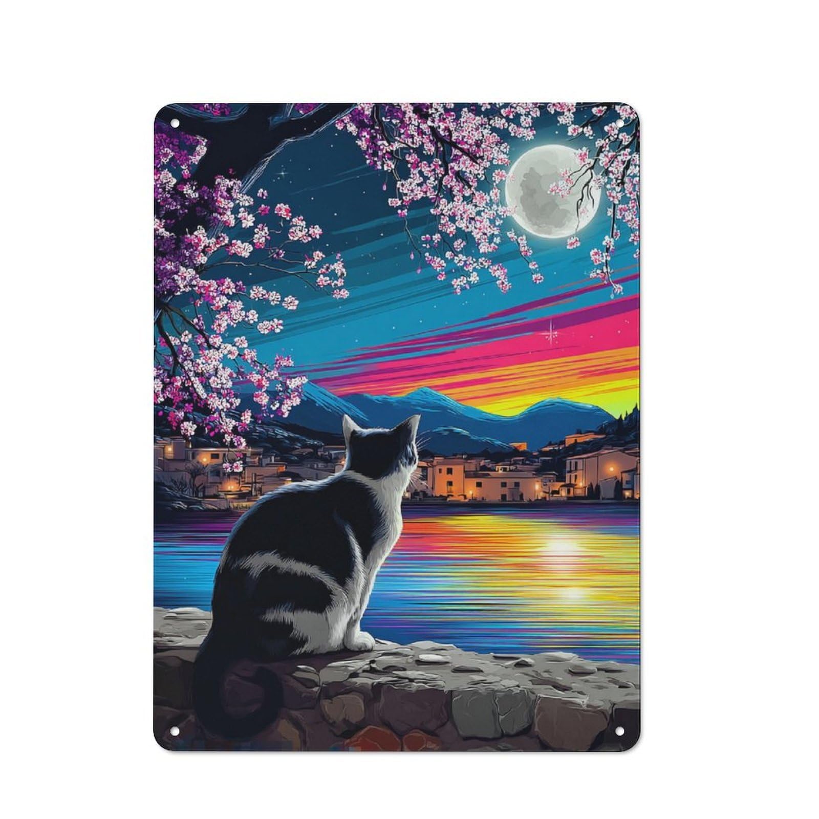 Junmoney Cherry Blossom Moonlit Cat Scene -1 Metal Wall Art Sign 40X30cm, Vintage Vintage Wall Decor For Lounge, Study, Pub Or Wall Gallery