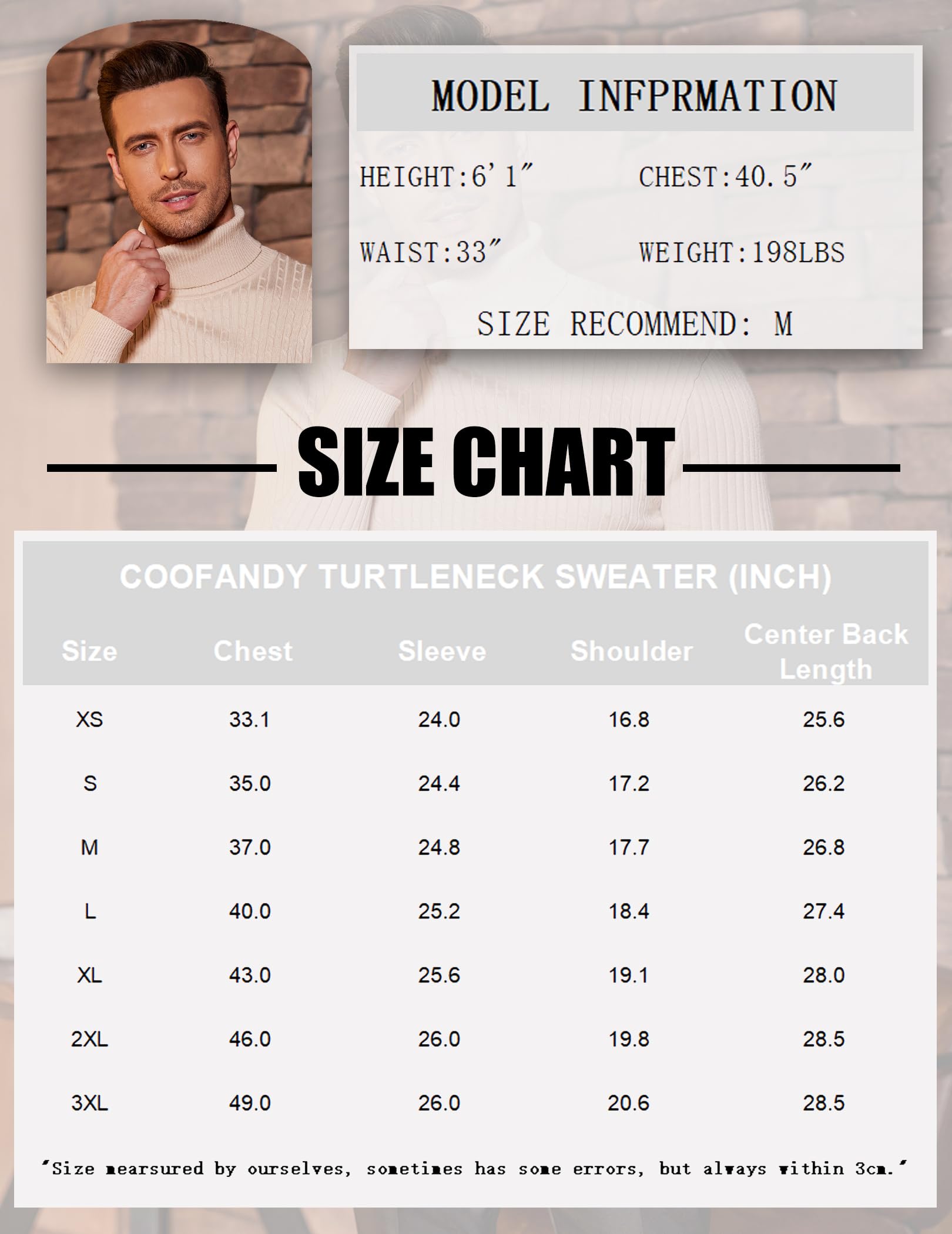 Coofandy, maglione da uomo slim fit, a collo alto, casual, con motivo a torsione, Khaki chiaro , S