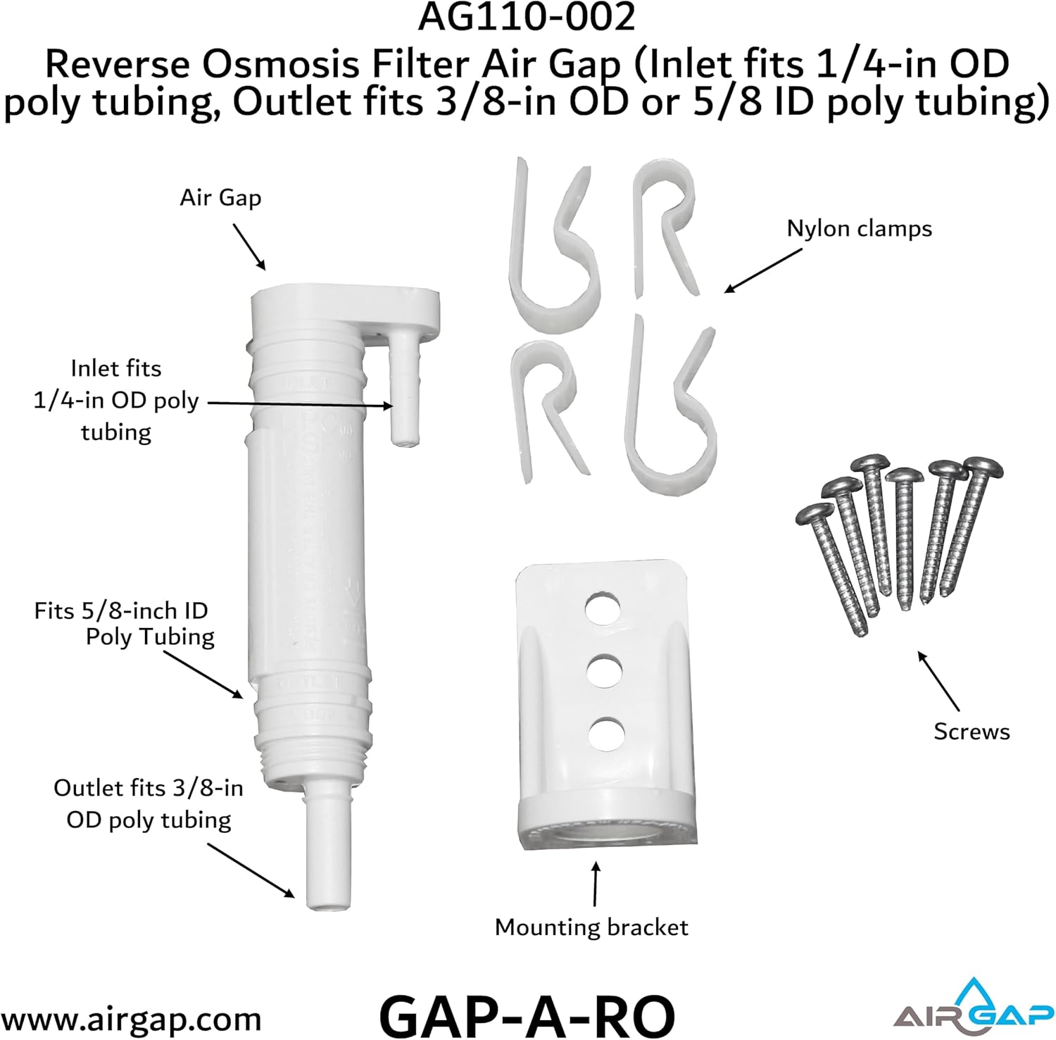 Reverse Osmosis Filter Air Gap (Inlet fits 1/4-in OD poly tubing, Outlet fits 3/8-in OD or 5/8-in ID poly tubing; AG110-002, KIT S-B, GAP-A-RO)