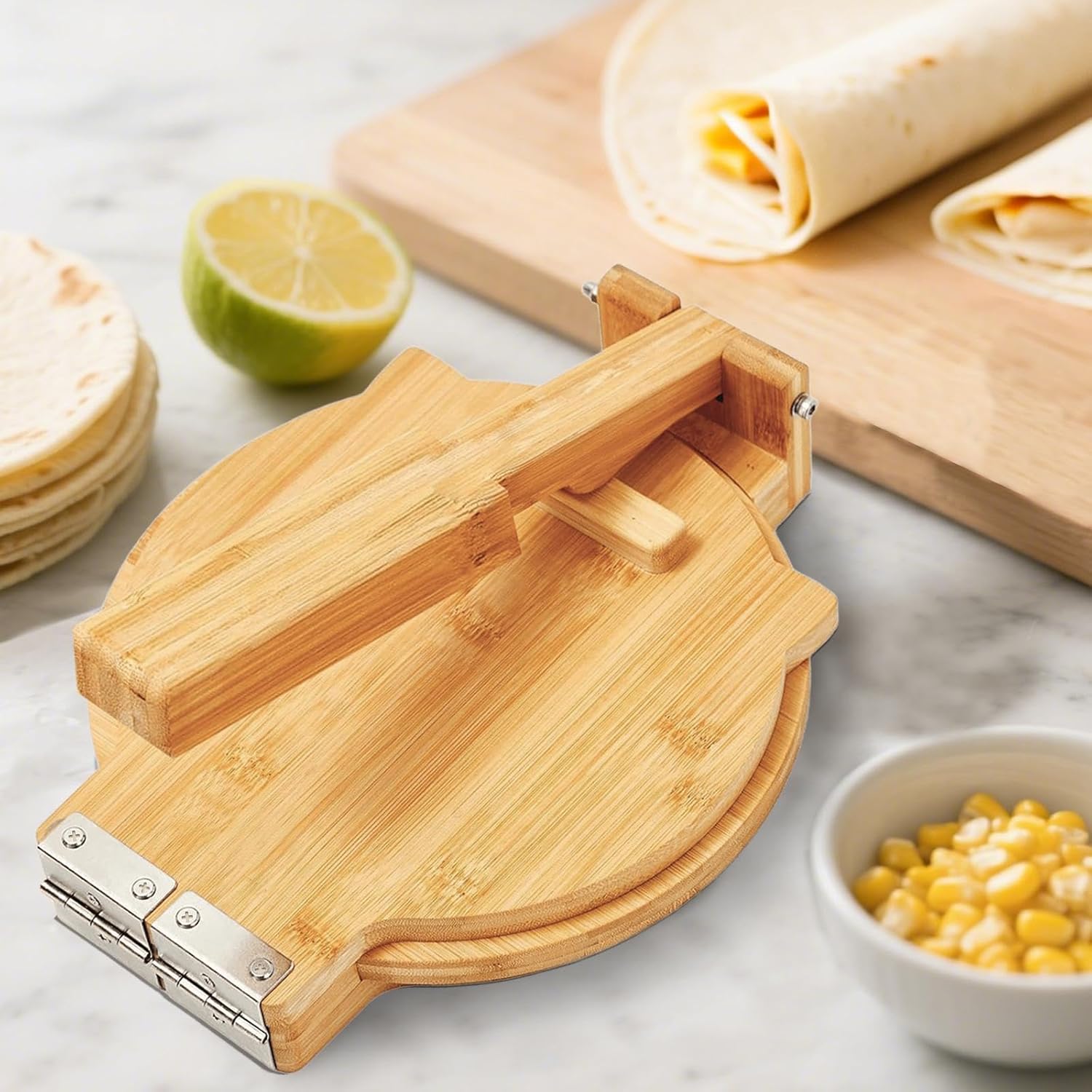 Wooden Quesadilla Maker - Tortilla Press 10 Inch with 50 Parchment Paper & Dough Cutter, Bamboo Prensa para Tortillas Mexican Aplastador de Tortillera Press for Burritos, Taco, Roti, Corn Tortillas