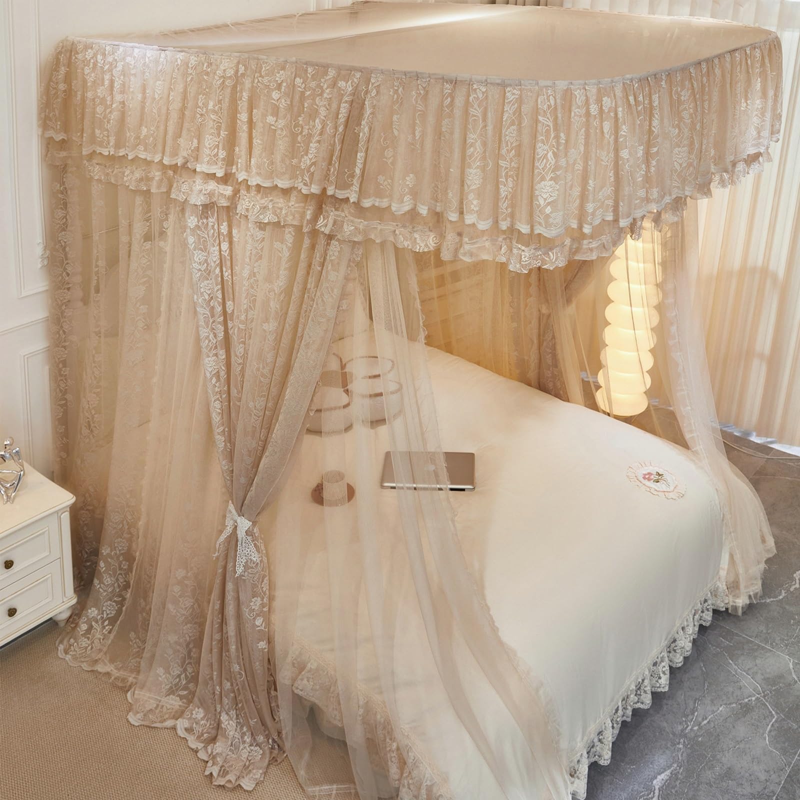 SARKEY Luxuriöses Bettmarkisennetz,4-Pfosten Prinzessinnen Betthimmel,Prinzessinnen-Betthimmel Mit Führungsschiene,Für Hochzeit,Schlafzimmer,Kinderzimmer,Dekoration(CJ,180x200x210cm(71"x79"x83"))