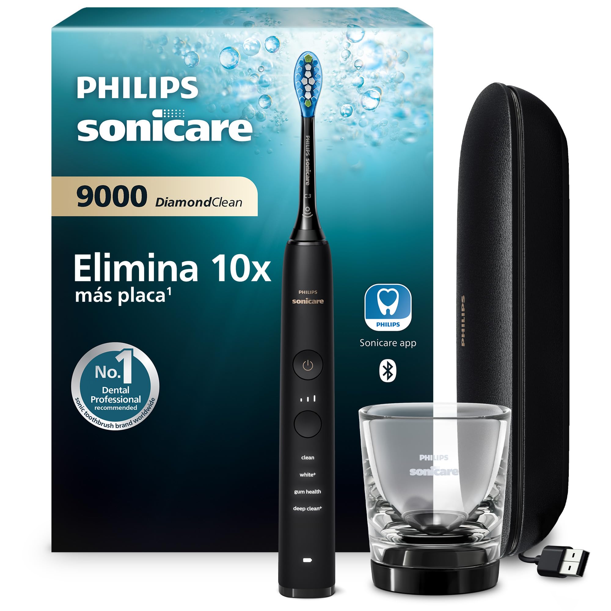 Philips Sonicare DiamondClean 9000 cepillo dental eléctrico, cepillo dental sónico con aplicación, sensor de presión, 4 modos de cepillado, 3 niveles de intensidad, negro, modelo HX9911/09