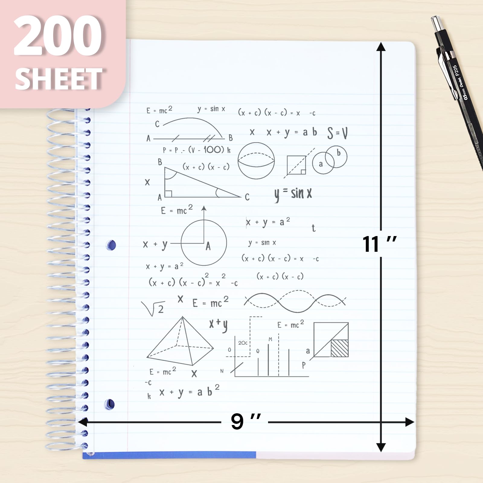 ONAVIA Quaderno a spirale per 5 soggetti, 1 confezione, a righe universitarie, 22,9 x 27,9 cm, 200 fogli, copertina in poliestere, perforato a 3 fori, con divisori e tasche, per studio in classe, rosa