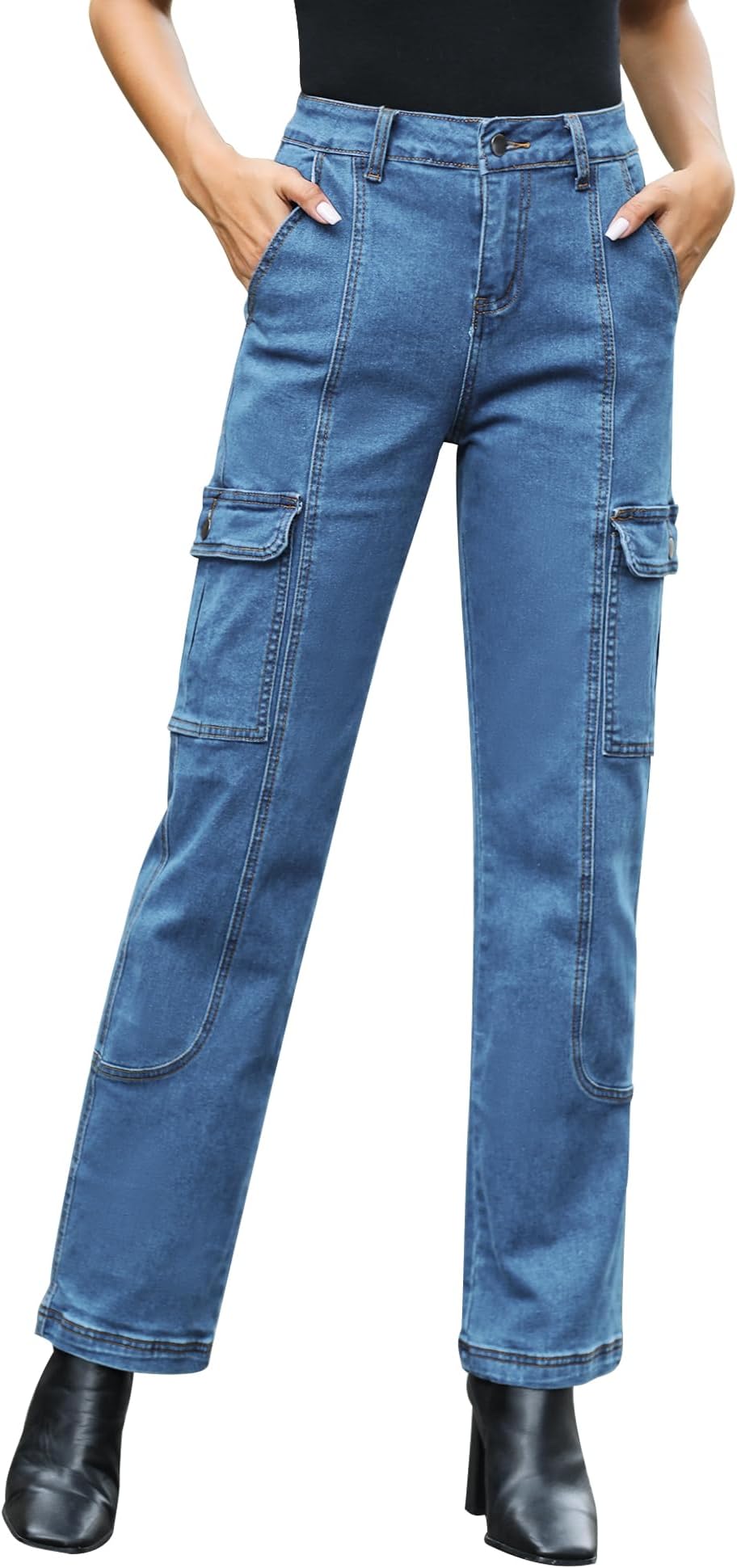 GRAPENTWomens Cargo Pants Casual High Waisted Baggy Stretch Straight Leg Trousers Western Outfit Y2K Pants with Pockets