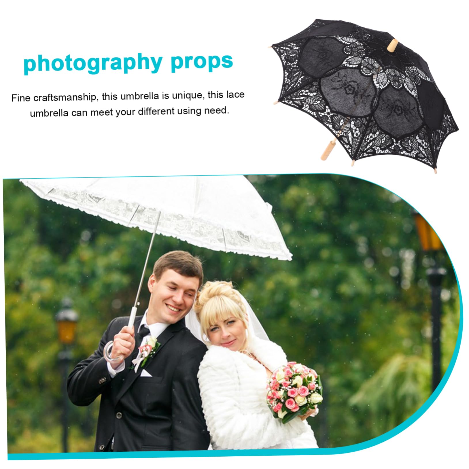 WOONEKY Paraguas de Encaje Elegante y Delicado para Fotografía, Estructura de Madera Resistente y Diseño Romántico para Bodas y Eventos Obsequios