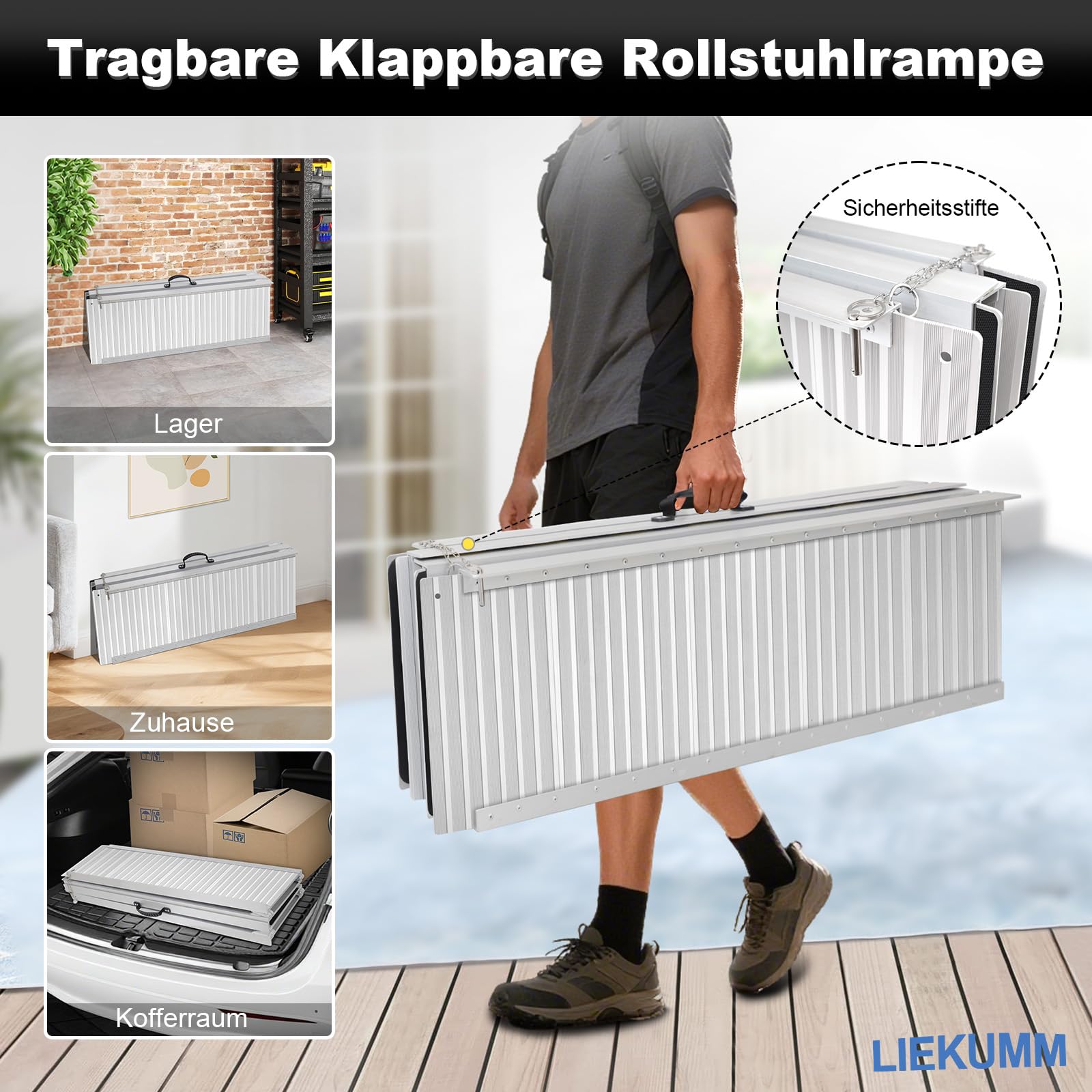 LIEKUMM 152 x 74 cm, rampa dla wózków inwalidzkich, obciążenie do 300 kg, rampa dla wózków inwalidzkich z antypoślizgową powierzchnią, przenośna rampa do wózka inwalidzkiego z aluminium, składana