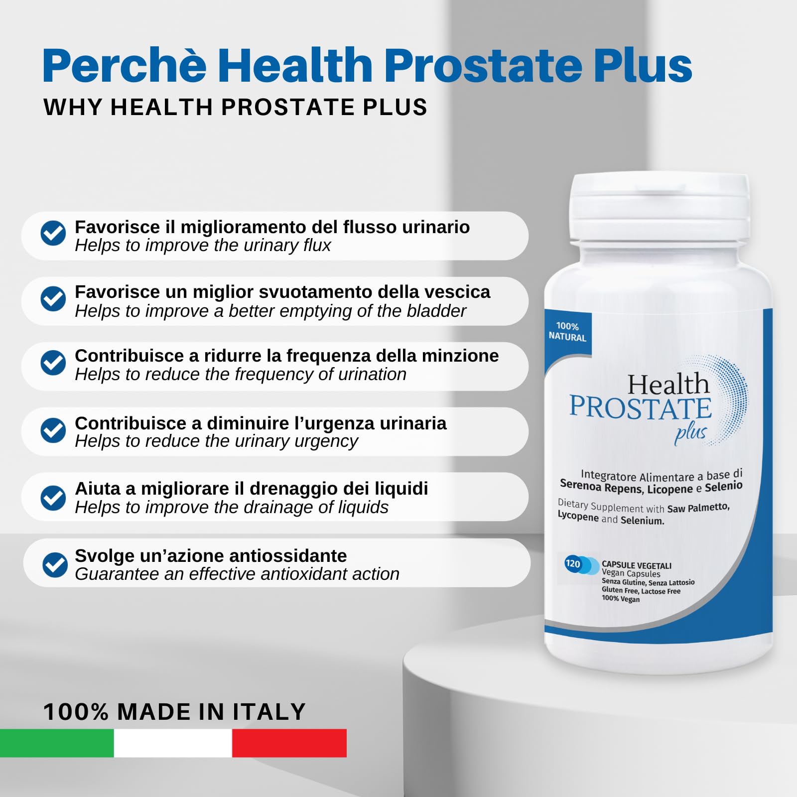Health Prostate Plus | Integratore Prostata e Vie Urinarie Maschili con Serenoa Repens, Licopene e Selenio | Confezione da 120 capsule