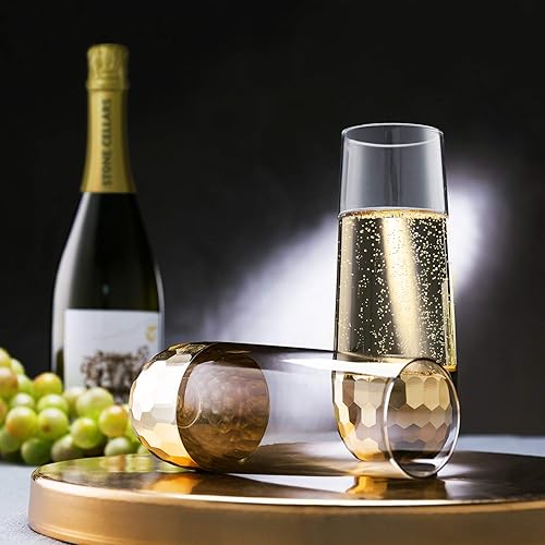 Miniatura 9 de MyGift Copas de vino sin tallo, diseño martillado y dorado, juego de 4