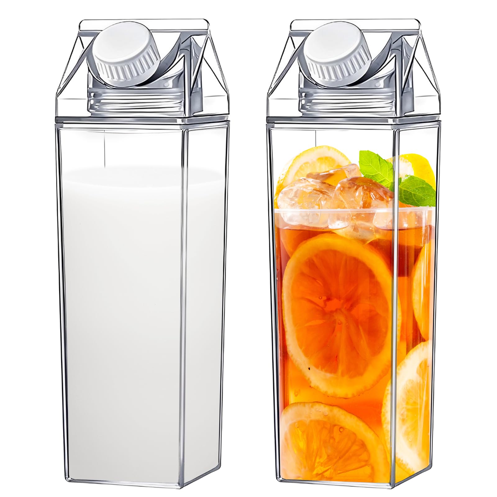Wameitf 2Pcs 1L Milk Carton Storage Bottles, Plastic Reusable Portable Juice Bottles, Sturdy Square Clear Water Bottle, Leak Proof Drinking Bottle For Storing Beverages, Milk, Water, Coffee, Wine