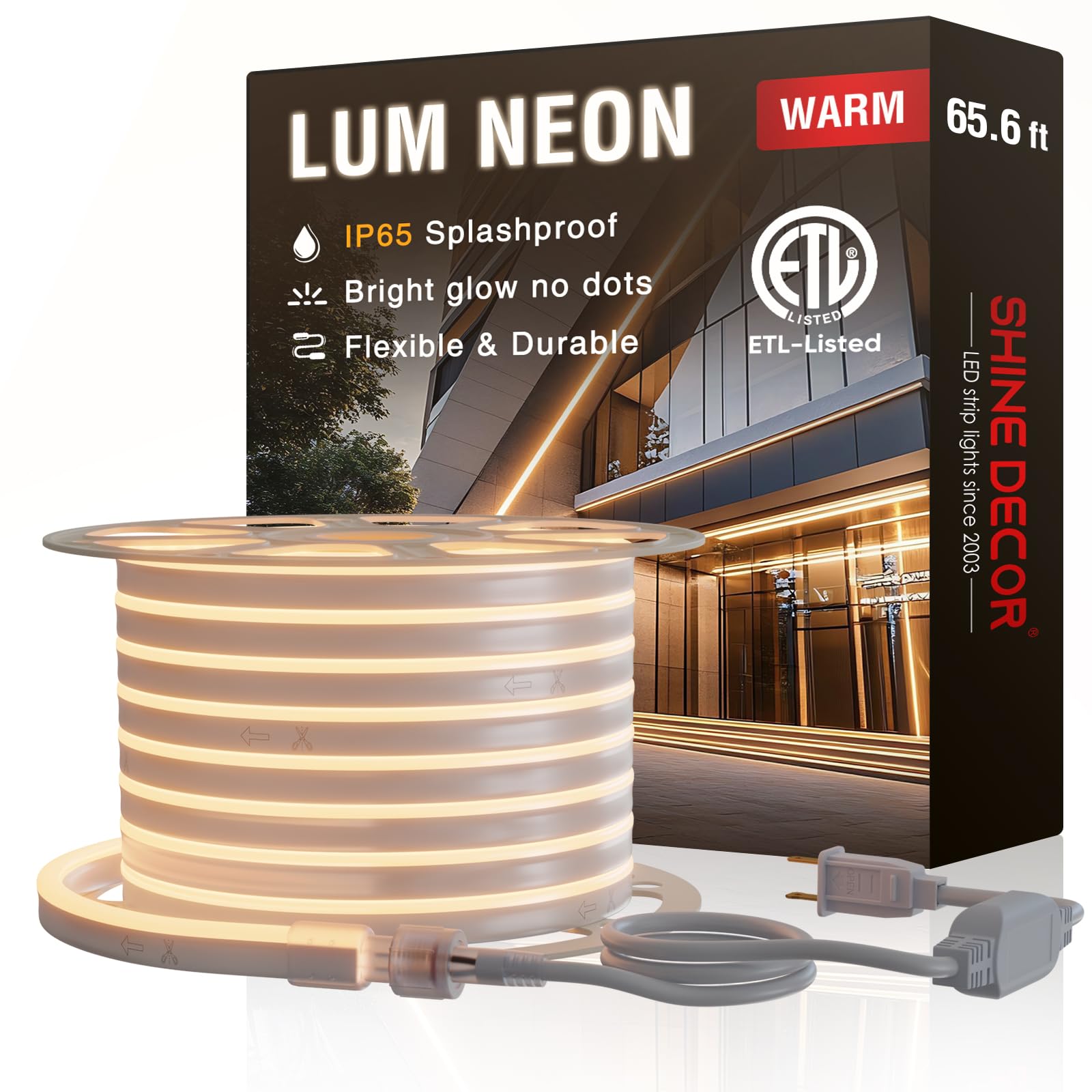Shine Decor 65ft Warm White Neon Rope Light