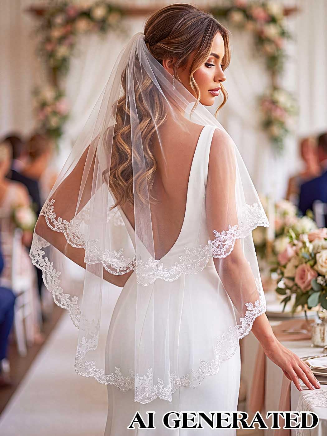 IYOU Weiß Hochzeit Braut Schleier 2-stufig Blume Tüllschleier Spitze Applikationen Fingerspitze Länge Brautschleier mit Kamm zum Frauen (Elfenbein)