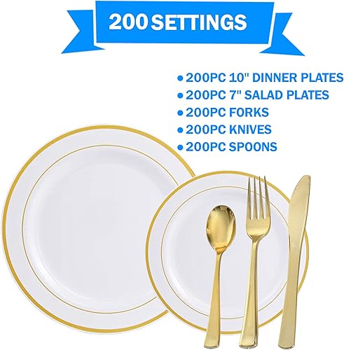 Miniatura 2 de Gold Splendor - Juego de 1000 platos y cubiertos de plástico de alta calidad para 200 invitados, 200 cenas de 10 pulgadas, 200 ensaladas/postres de