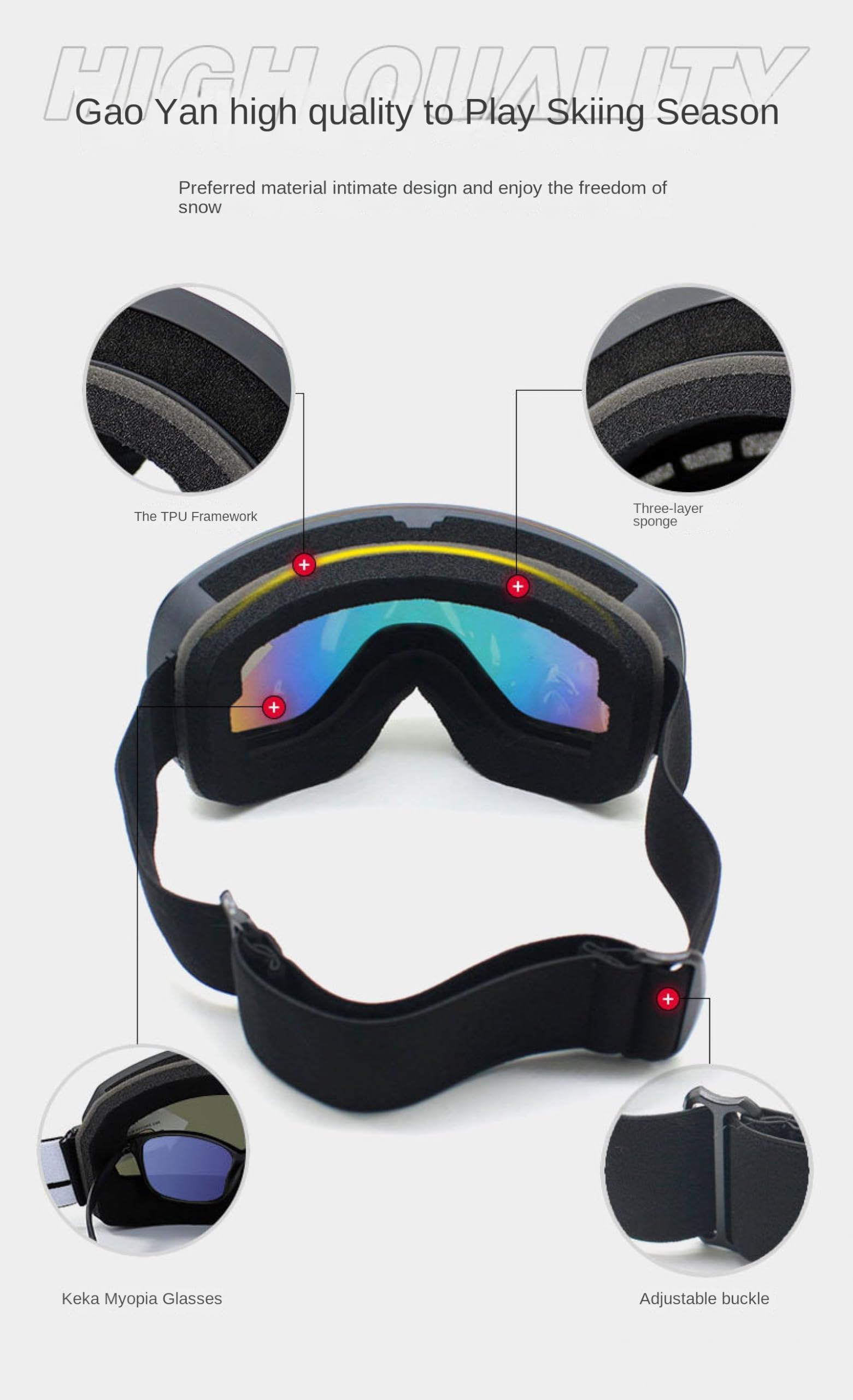 Lunettes de ski d'hiver, les hommes et les femmes peuvent les porter, les lunettes de ski sphériques d'extérieur peuvent être installées des lunettes de myopie. Matériau TPU + PC Rouge Bleu Argent V