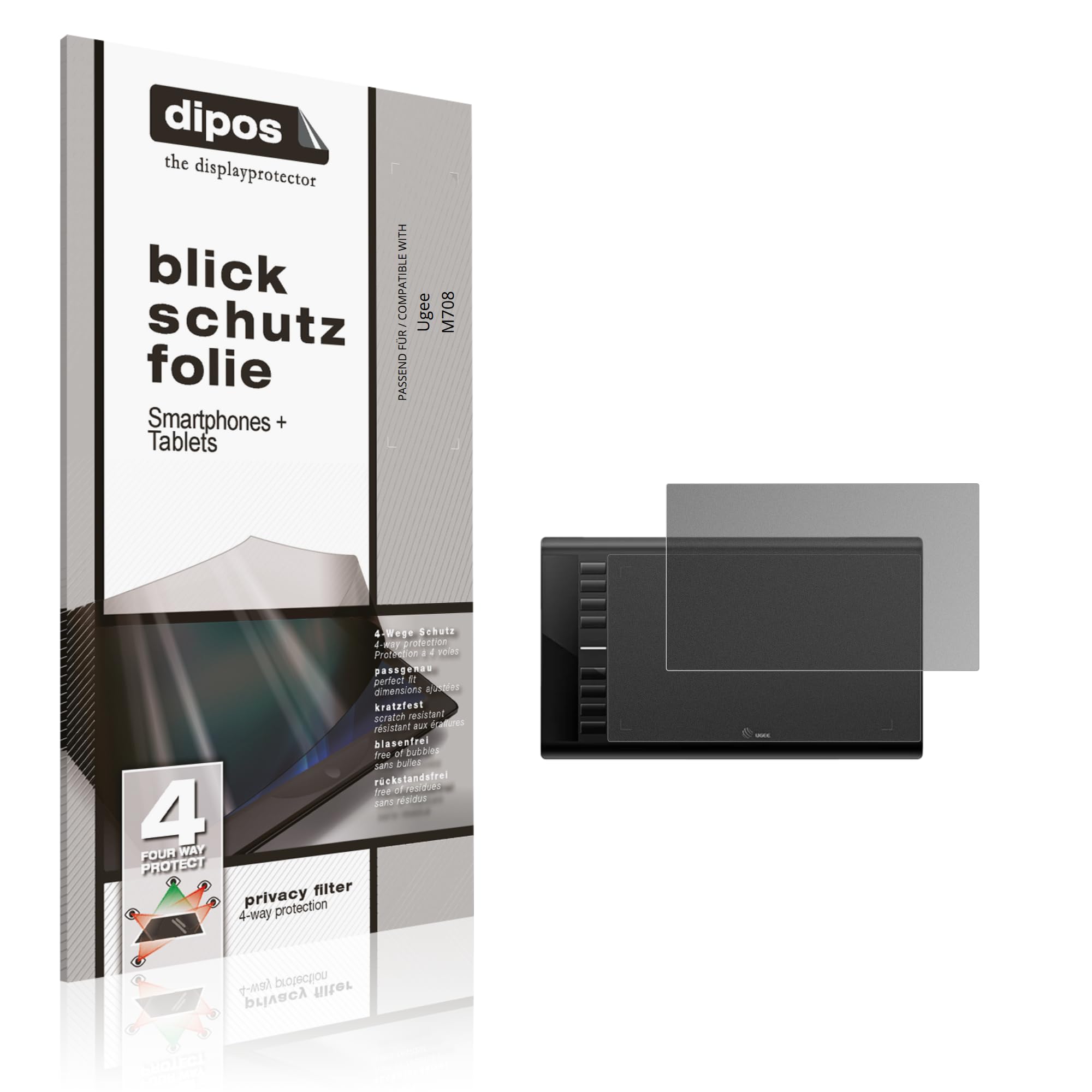 dipos Protection écran anti-espion pour Ugee M708 | Film mat, filtre de confidentialité 4 directions, sur mesure, anti-rayures, sans bulles, adhésion sans colle