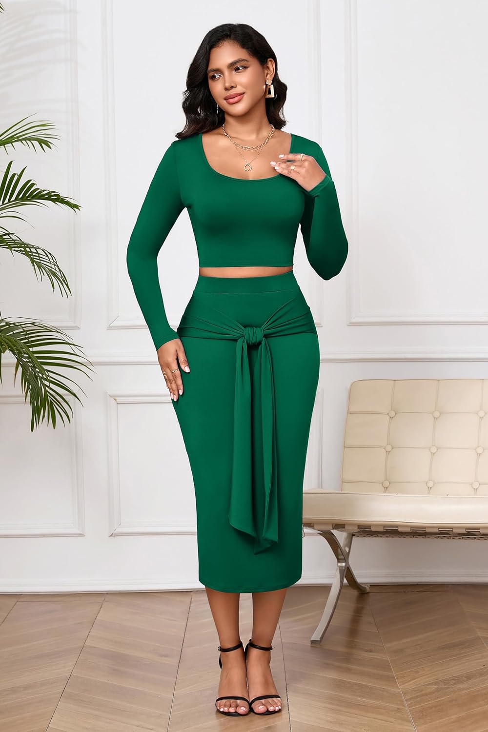 FANDEE Skirt Sets Women 2 Piece Outfits Plus Size Midi Dresses For Curvy Women, Long Sleeves Top & Bodycon Skirts Casual Fall - Image 4