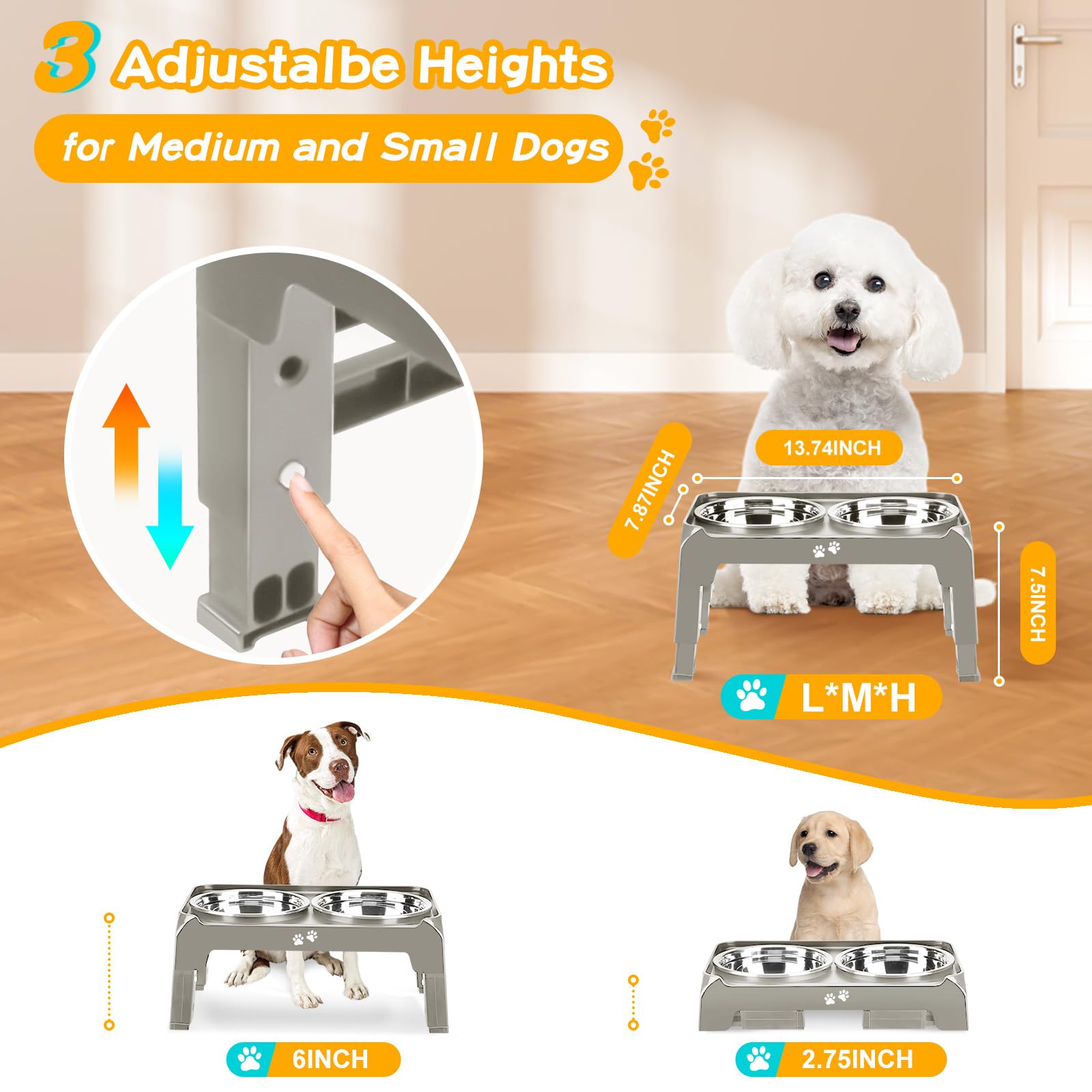 Elevated Bowls for Small Dogs - 3 Height Adjustable Raised Stand With 25oz Stainless Steel Food Bowls, Anti-Slip Feeder Adjusts to 7.5