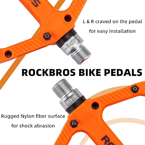 Miniatura 5 de ROCKBROS Pedales de bicicleta de montaña Rodamiento compuesto de nylon 9/16 "MTB Pedales de bicicleta con plataforma plana ancha naranja
