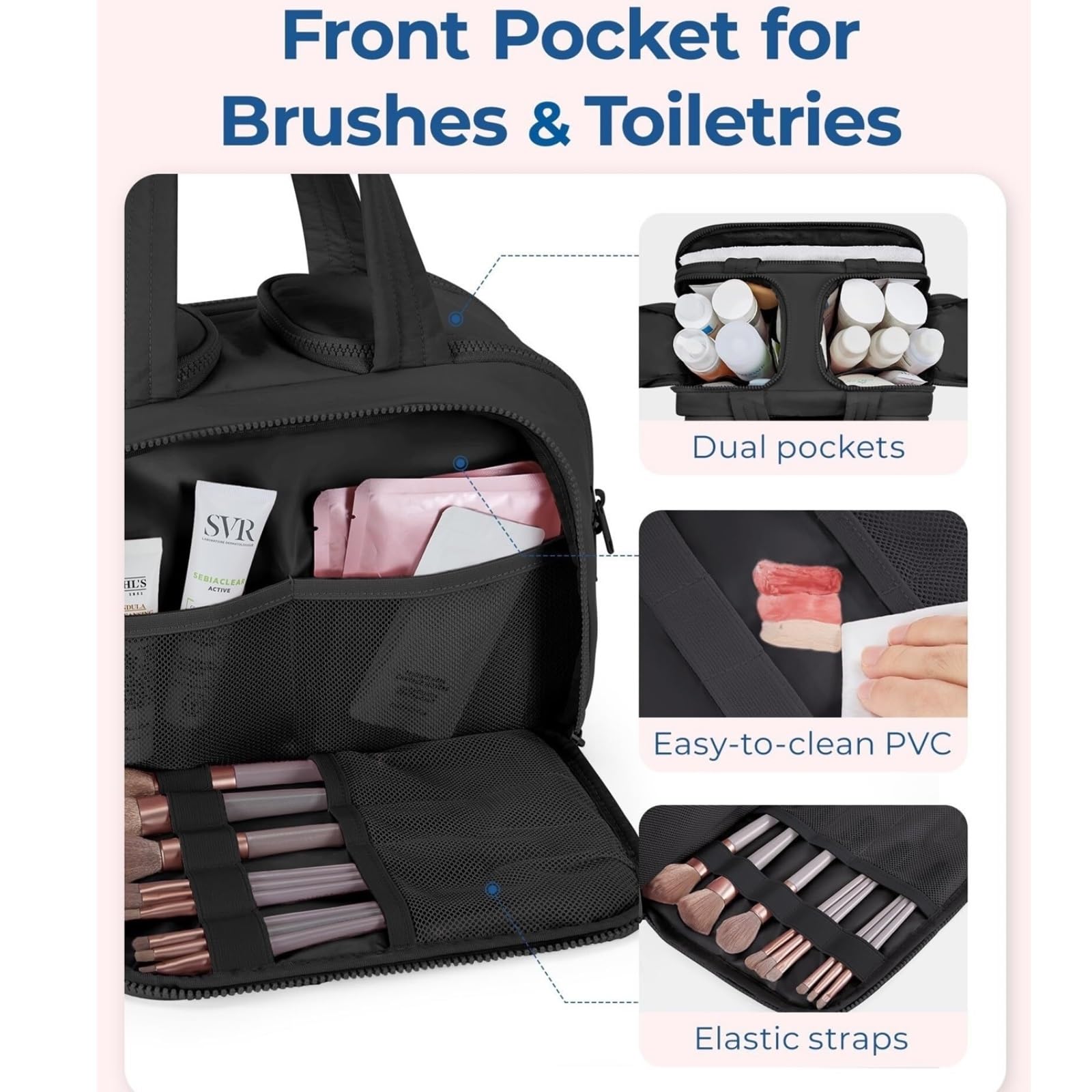 RUVOO Portátil para Viaje Bolsas Bolsa De Aseo De Viaje, Bolsa De Viaje Ligera, Bolsa De Maquillaje Cosmética Esponjosa, Bolsa De Almacenamiento con Asa Organizador Maquillaje(Black)