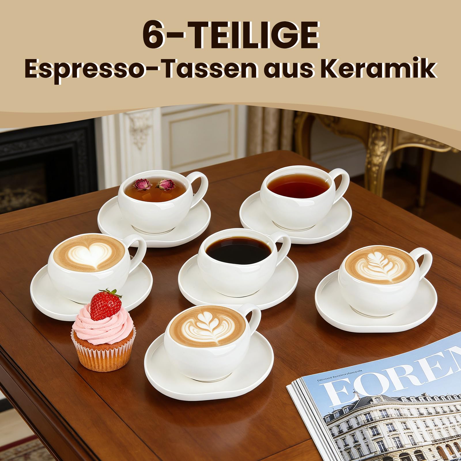 Filiżanki do espresso, zestaw filiżanek do espresso ze spodkami, 6-częściowy zestaw filiżanek do espresso i spodków, ceramiczne ze spodkami, 120 ml, filiżanki i spodki, białe