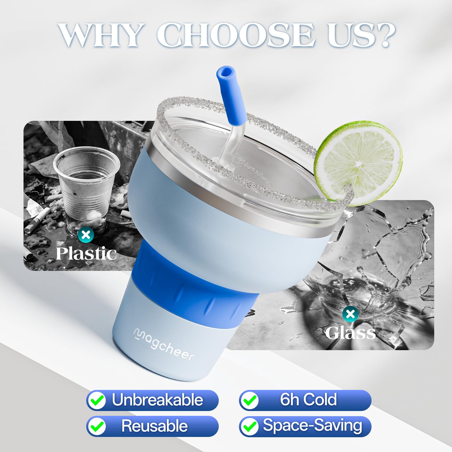 magcheer 500ml Copa Margarita Termica con Tapa y Pajita | Vaso de Cóctel de Acero Inoxidable | Diseño Apilable | Regalo Para Hombre y Mujere | Fiesta de Piscina y Vacaciones (Blanco)