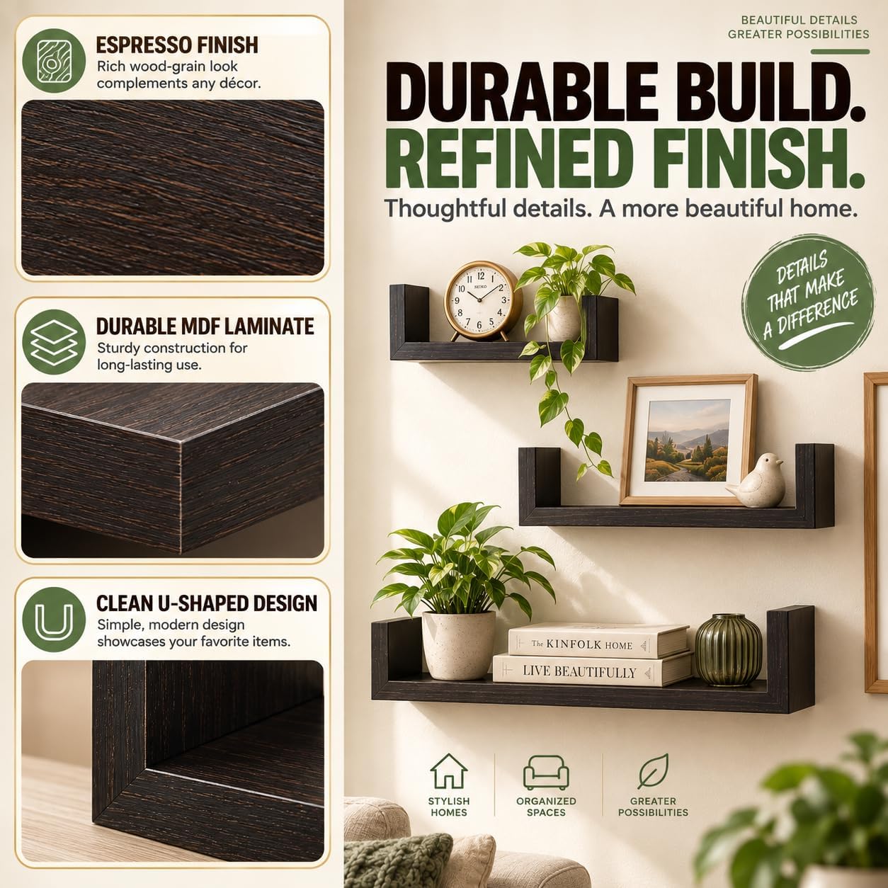 Greenco Set of 3 Floating “U” Shelves, Easy-to-Assemble Floating Wall Mount Shelves for Bedrooms and Living Rooms, Espresso Finish image 5