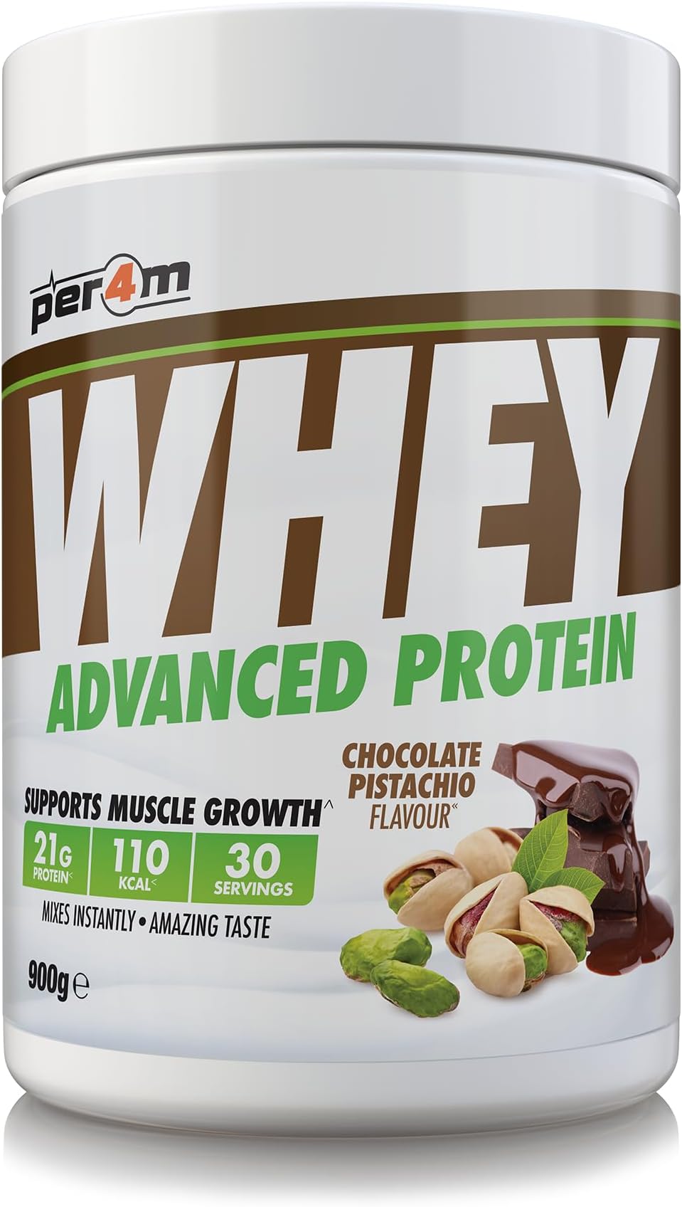 Whey Protein Powder | High Protein Shake for Muscle Growth & Recovery | Low Sugar Gym Supplement | Sports Nutrition Drink + Amino Acids (900g, Chocolate Pistachio)