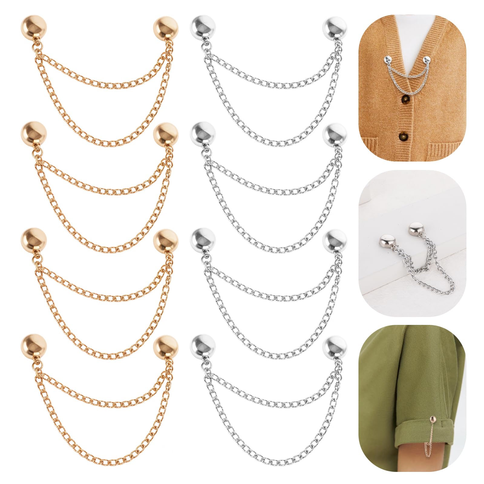 JIYIN8 Pack Magnetic Clothing Clips, Multi-Function Magnetic Clothing Clips Magnetic Hijab Pins with Chain, Magnetic Pinless Brooch for Women Clothes Shirts Skirts Hijab Pins Decorate(Gold+Silver)