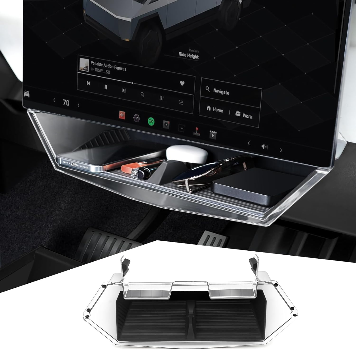 Under Screen Storage Box for Tesla Cybertruck 2024 2025 2026, Center Console Hidden Dashboard Organizer Tray with Anti-Slip Liner, Cybertruck Interior Accessories