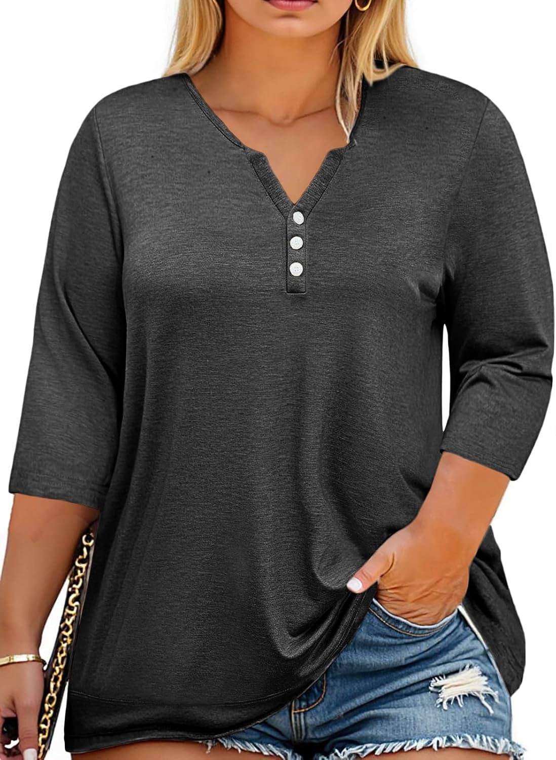 Beautife Womens Plus Size T-Shirts V Neck 3/4 Sleeve Tops Fall Henley Shirts Casual Basic Loose Fit Blouses