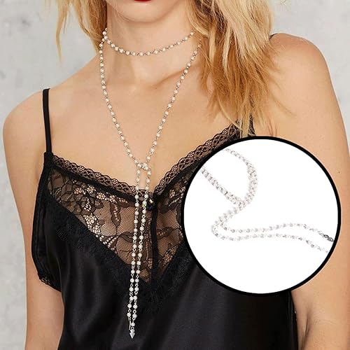 Miniatura 4 de 2 collares góticos largos, collares góticos blancos y negros, gargantilla gótica de perlas ajustables, gargantilla envolvente en capas, joyería