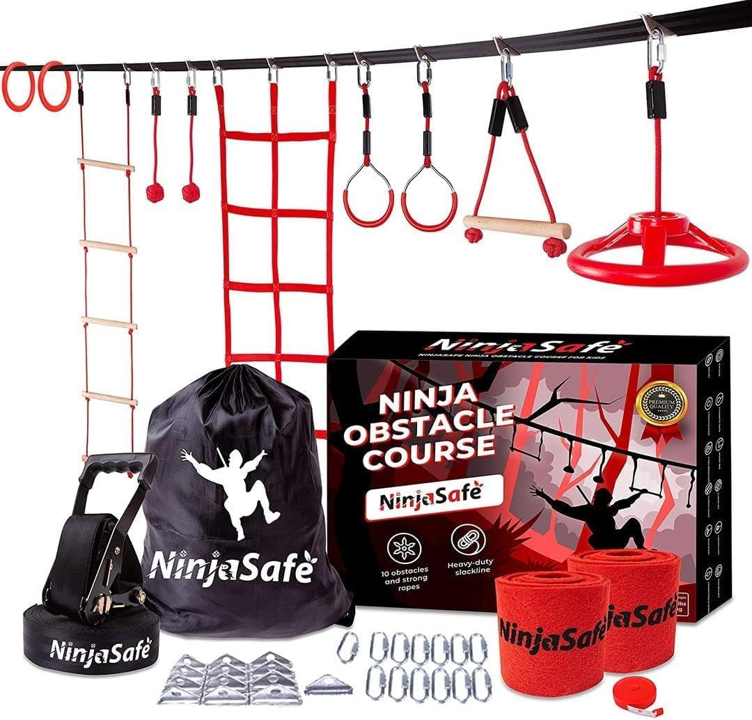 Ninja Obstacle Course for Kids Backyard – 10 Durable Obstacles and 15m Slackline – Outdoor Playset Equipment for Girls & Boys with Climbing Net & Ladder, Wheel, Warrior Gymnastics & Monkey Bars