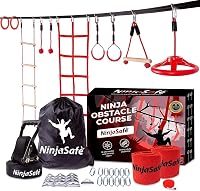 NinjaSafe Ninja Akadálypálya Gyerekeknek Kertbe - 10 Nehéz Akadály 15m Slackline Kötéllel - Kültéri Játszótér Mászóhálóval Létrával 1