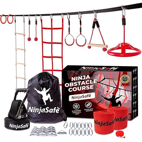 Ninja Obstacle Course for Kids Backyard - 10 Durable Obstacles and 15m Slackline - Outdoor Playset Equipment for Girls & Boys with Climbing Net & Ladder, Wheel, Warrior Gymnastics & Monkey Bars