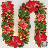 Guirnalda de Navidad,Guirnalda Navidad con Luces,guirnaldas navideñas de 270cm,Guirnalda Navidad Verde Decoración Utilizada para escaleras y chimeneas navideñas(2.7M-Rojo)