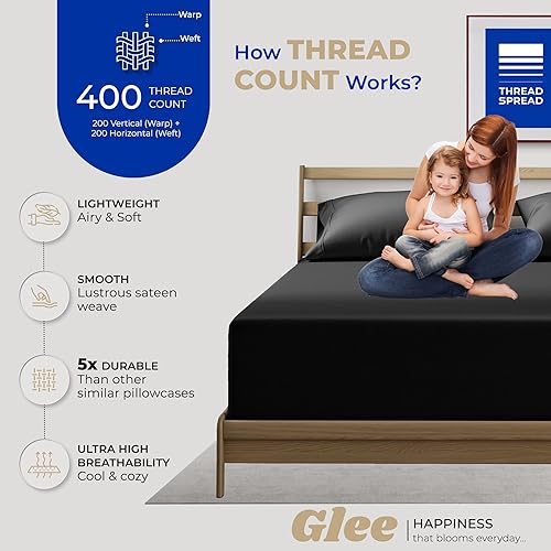 Miniatura 2 de THREAD SPREAD Glee - Fundas de almohada tamaño King, 2 unidades, suaves y lisas, 100% algodón, tejido satinado de 400 hilos, fundas de almohada