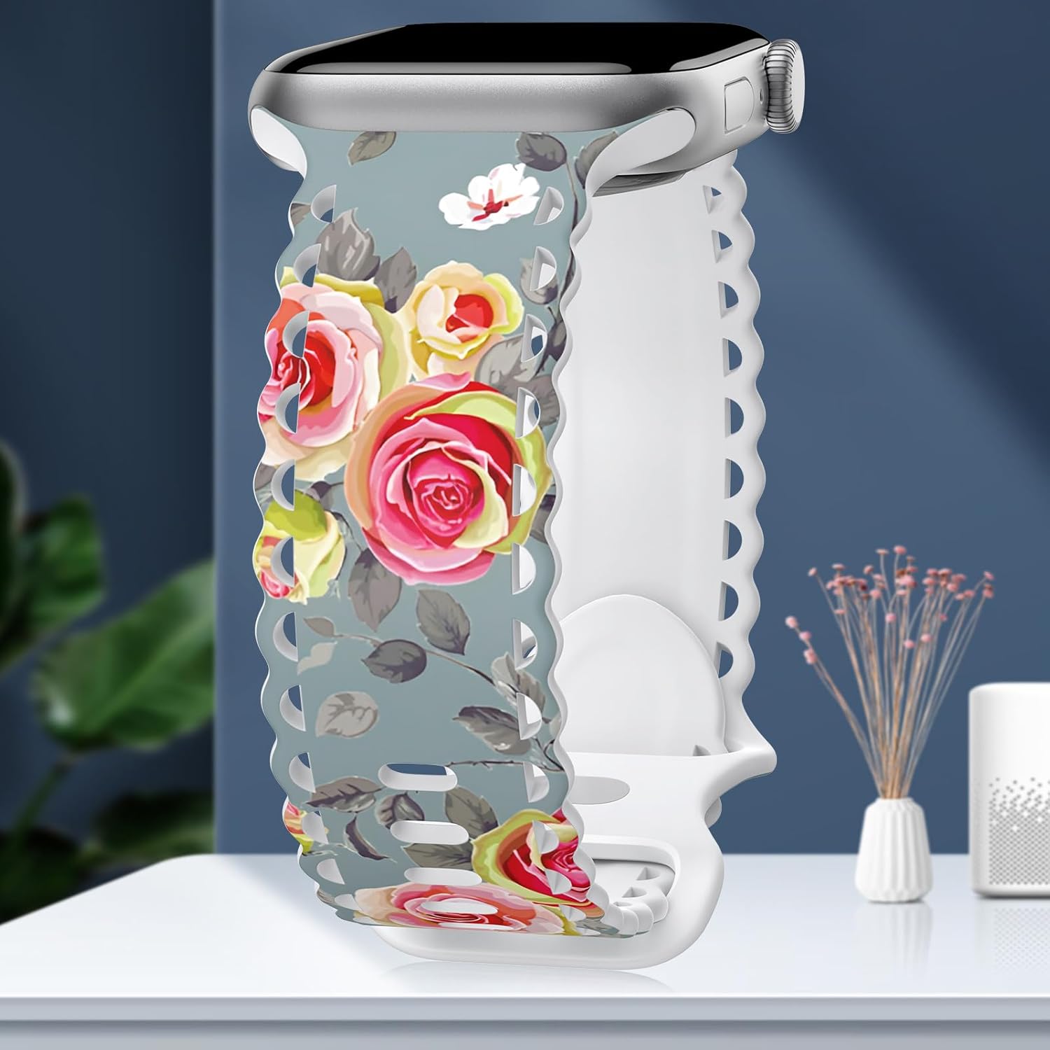 Floral Band Compatible with Apple Watch Band 38mm 40mm 41mm 42mm 44mm 45mm 46mm 49mm Women, Cute Flower Print Pattern Soft Lace Silicone Strap for iWatch Band Series Ultra 10 9 8 7 SE 6 5 4 3 2 1 - Image 2