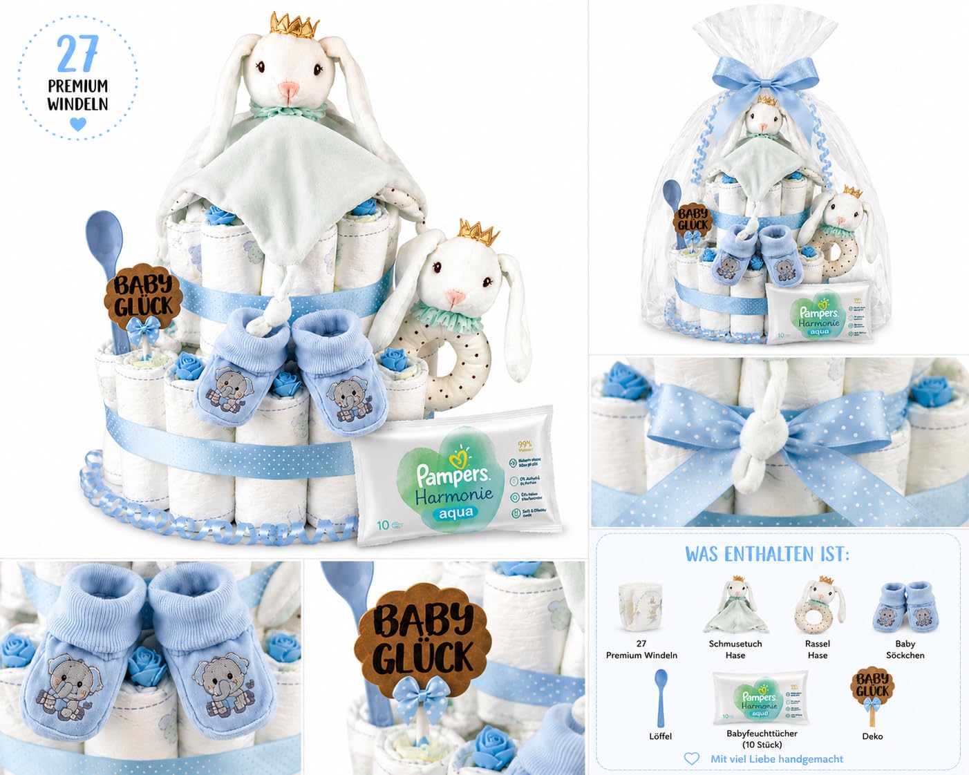 Handgefertigte Windeltorte Junge - Baby Geschenk zur Geburt & Babyparty mit Schmusetuch, Babyrassel, Booties