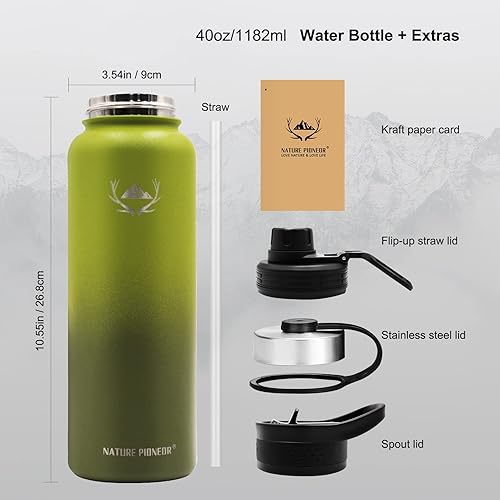 Miniatura 4 de NATURE PIONEOR Botellas de agua aisladas con pajilla, botella de agua deportiva aislada al vacío de 40 onzas con 3 tapas, botella de agua de acero