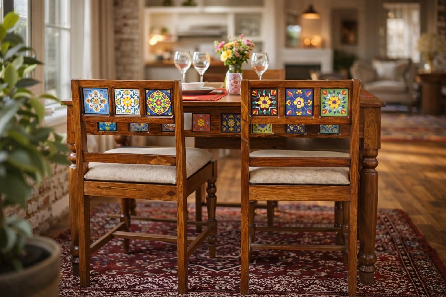 Solid Sheesham Wood 4 Seater Dining Table Set with Cushioned Chairs & Designer Tile Back | Premium Wooden Dining Table Set for Home, Kitchen & Dining Room | Rustic Brown Finish-picture-11
