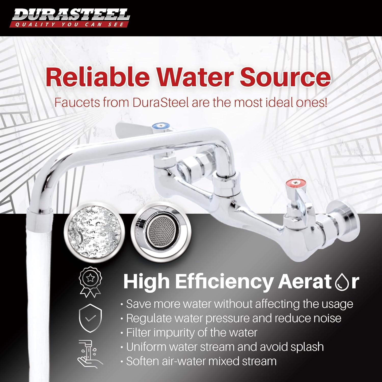 DuraSteel Commercial Sink Faucet - NSF No Lead 8” Center Commercial Wall Mount Faucet Kitchen with 8 Inch Swivel Spout - Lever Handle - Industrial Restaurant Kitchen Utility Prep Sink Mounted Faucets