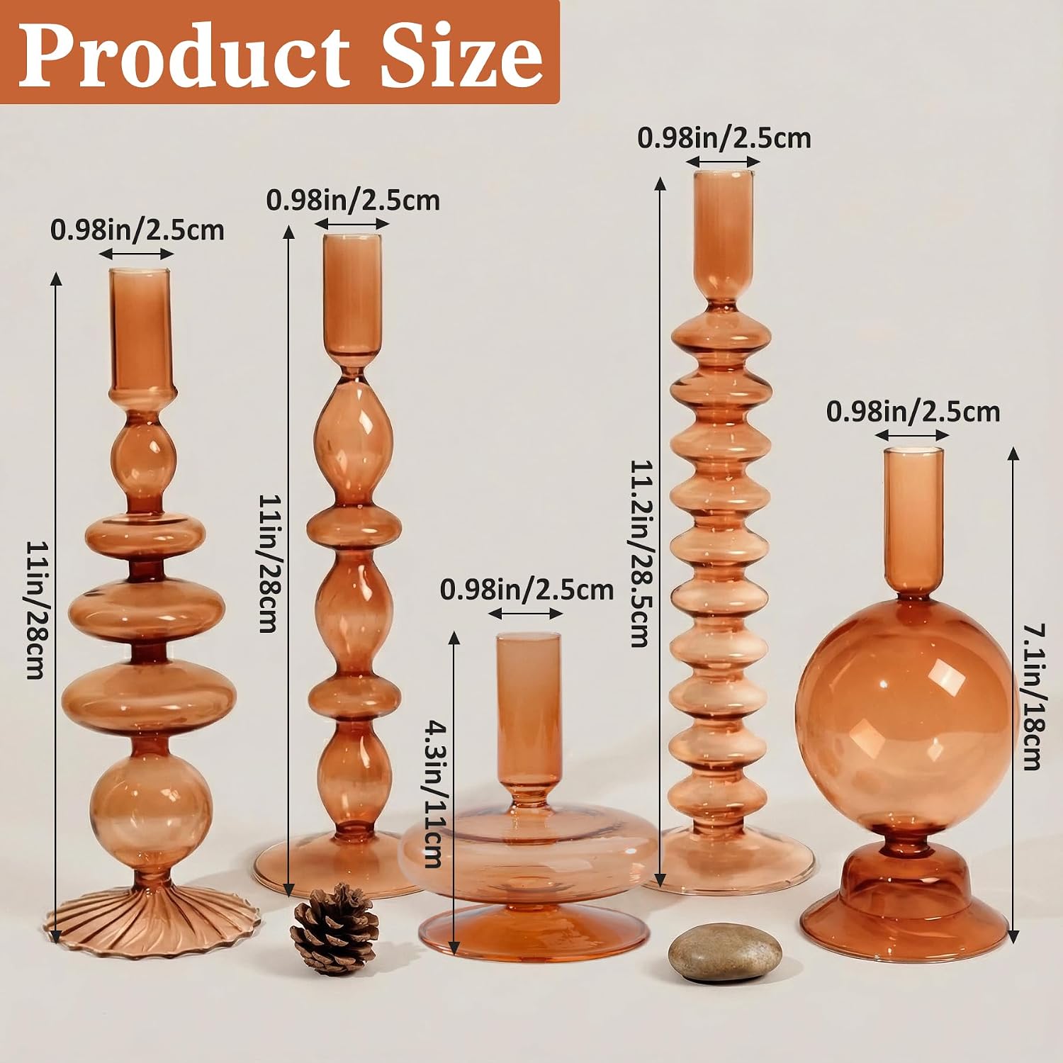 5 Pcs Amber Glass Candle Holders - Groovy Wavy Pillar & Taper Candlesticks for Wedding Christmas Halloween Party Home Windowsill Decor