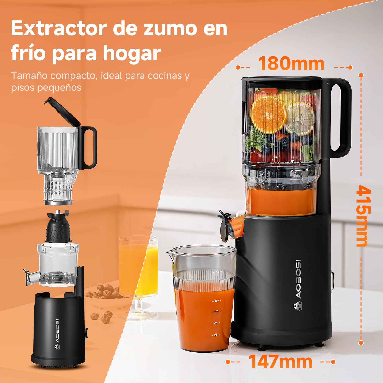 AOBOSI - Exprimidor lento de 135 mm XXL, orificio de llenado, 90 RPM, motor de cobre silencioso, sin BPA, alto rendimiento de zumo, para verduras y frutas, función de masticación inversa, ganador de