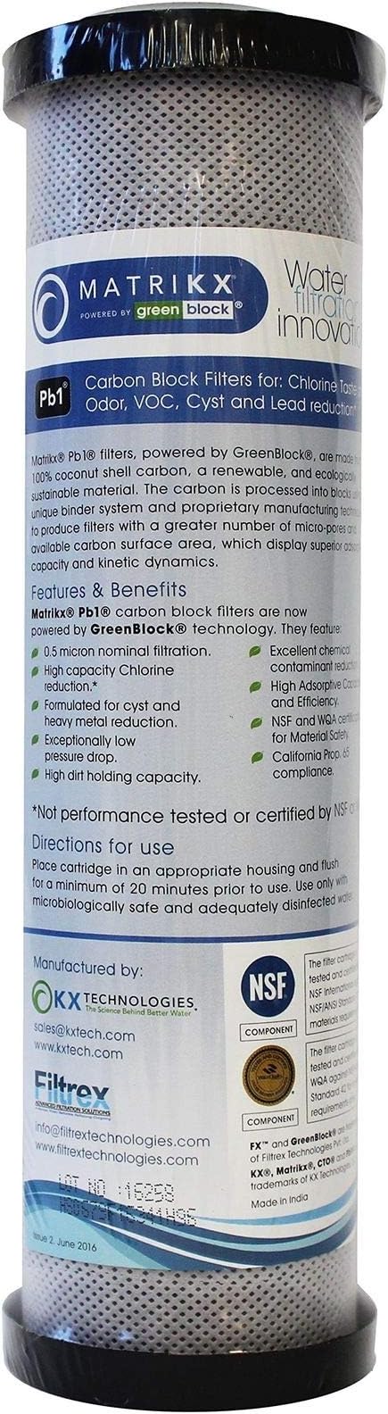 MatriKX (06-250-10-GREEN) 9.75 .75 Pb1 Carbon Block Lead Removal 0.5 Micron Filter
