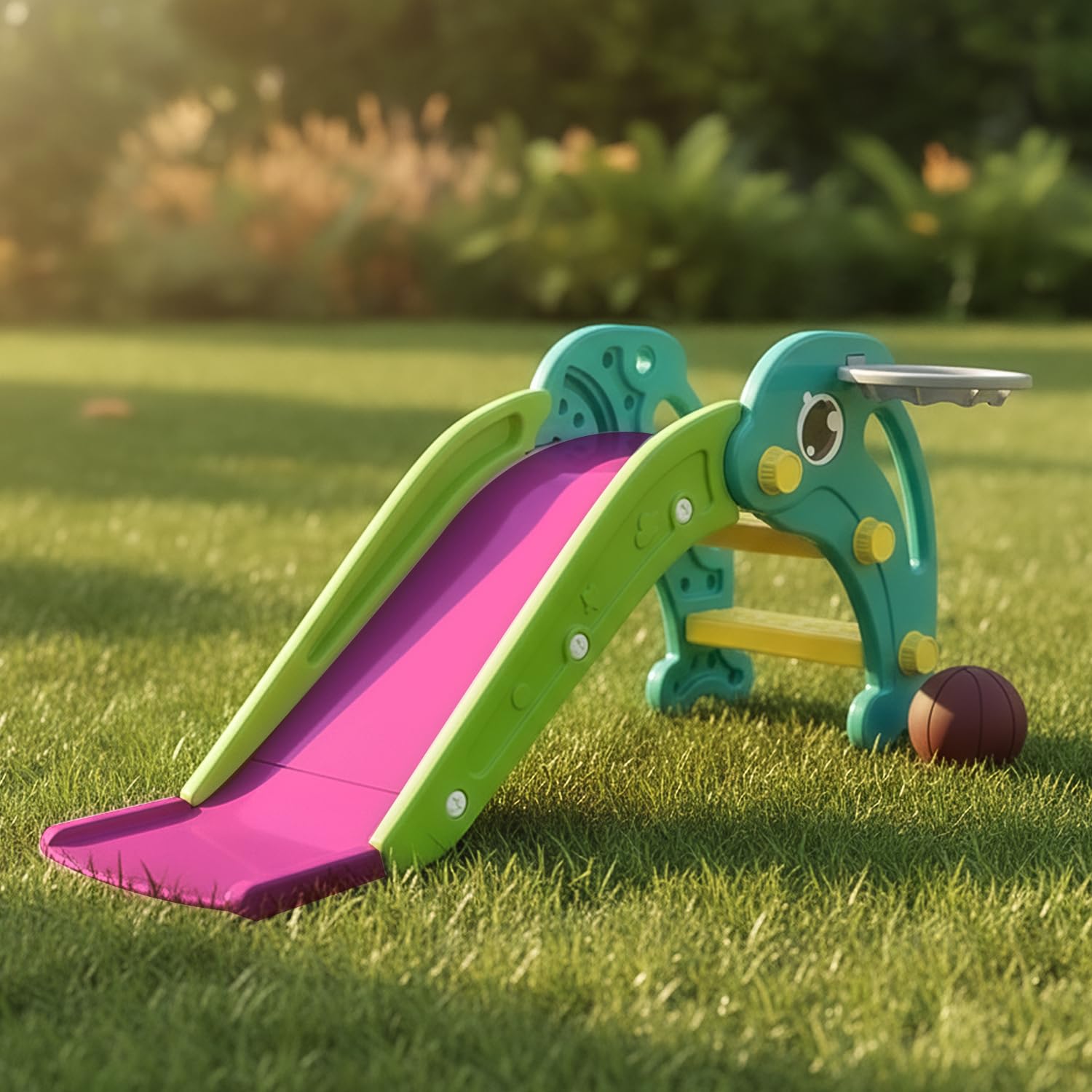 Amazon Brand - Solimo Dolphin Slide for Toddlers with Basketball Hoop | Indoor & Outdoor Kids | Safe Plastic Climber & Slide for Boys & Girls | for 2+ Years | Easy Assembly, Multicolor